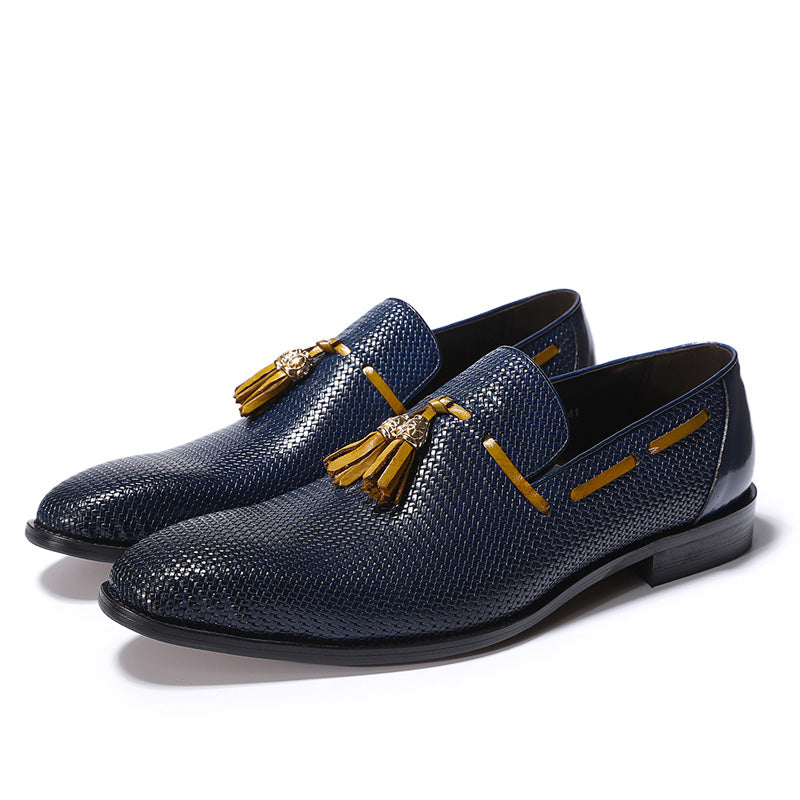 Blue Pattern Men Leather Loafers Shoe with Brown Tassel - FanFreakz