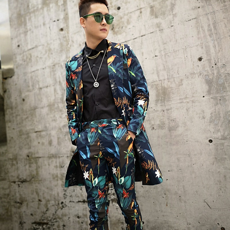 Casual Flower Print Long Slim Fit Stage Costume Style Men Suit –