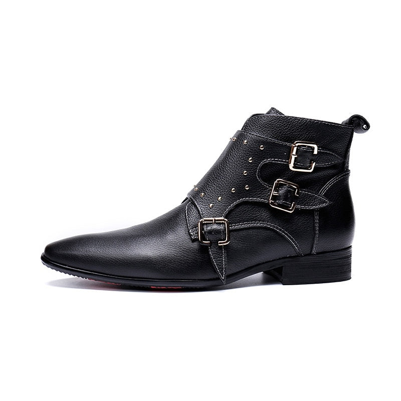 Black Strap Cowboy Flat Style Men Leather Boots - FanFreakz