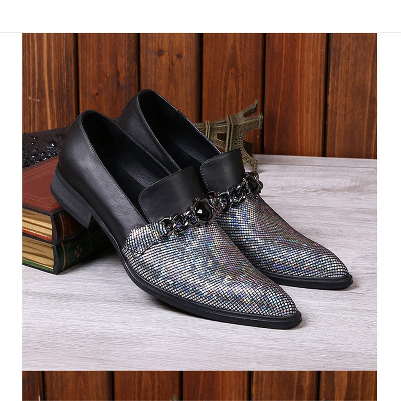 Black Pointed Toe Sparkling Half Part with Chain Ornament Men Leather Shoe - FanFreakz