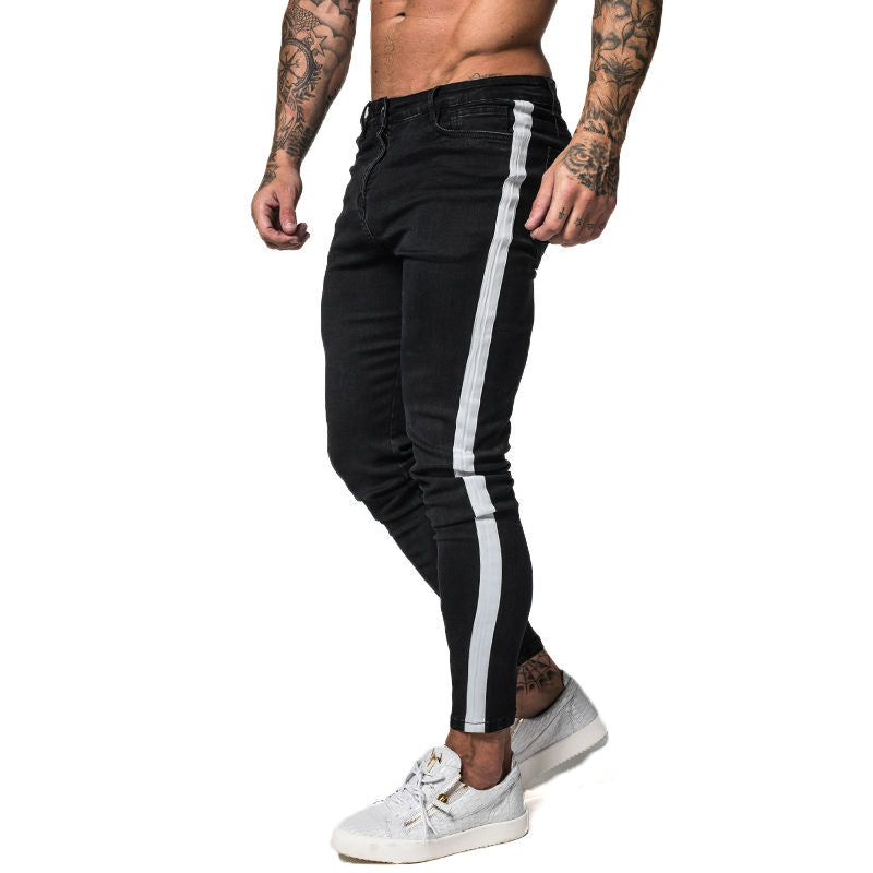 Black with White Side Stripe Men Skinny Jeans - FanFreakz