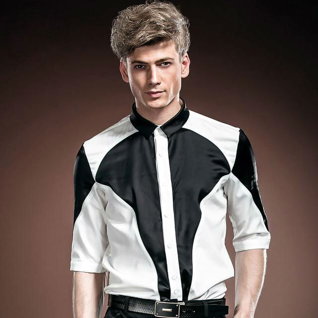 Black & White Patchwork Contrast Men Slim Korean Style Mid-Sleeve Shirt - FanFreakz