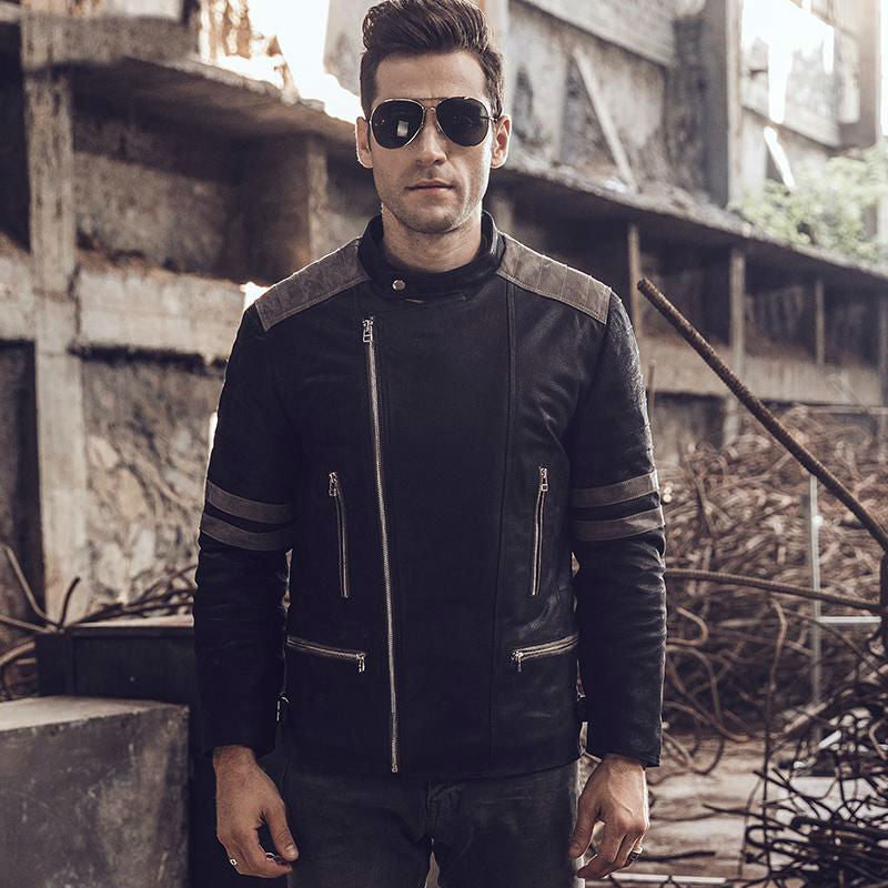 Rocker Biker Style Men Genuine Leather Jacket with Shoulder Patchwork Details - FanFreakz