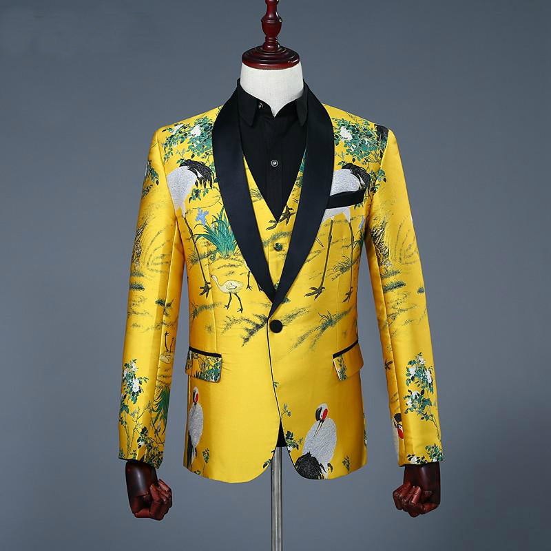 Classic Shawl Collar Men Yellow Blazer with Asian Art Print - FanFreakz