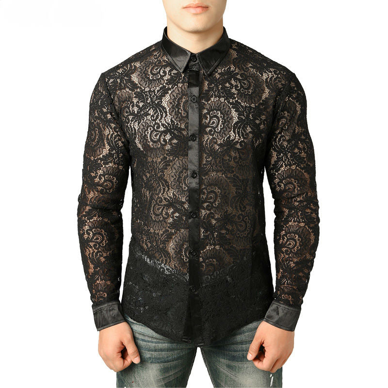 Black Lace Sexy See-through Men Long Sleeves Shirts - FanFreakz