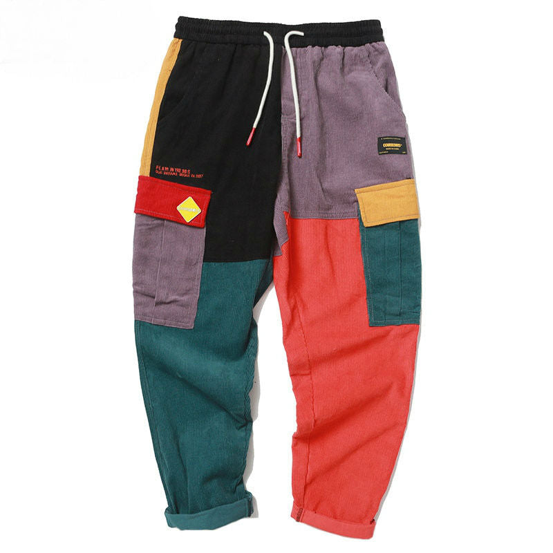 Brick Colour Block Patchwork Corduroy Streetwear Men Cargo Pants - FanFreakz
