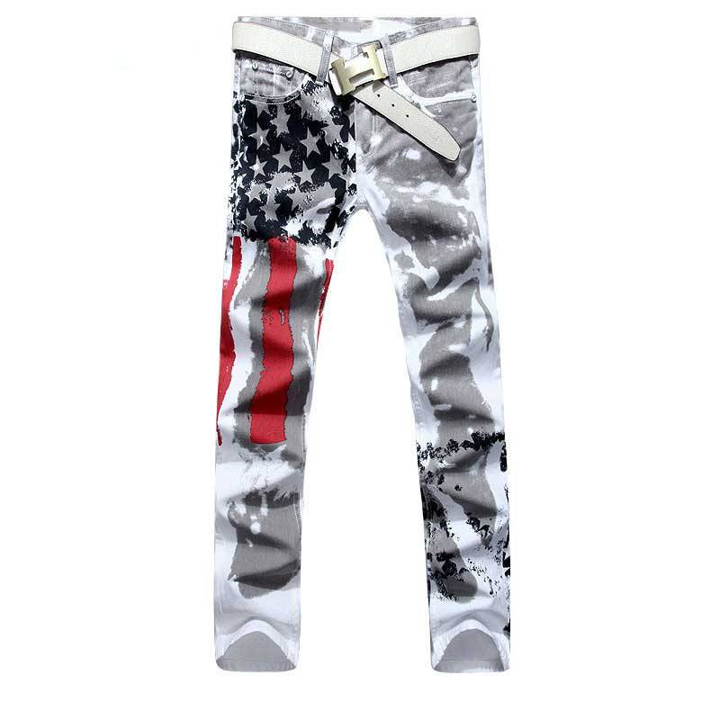 New White Grey with American Flag Print Men Jeans