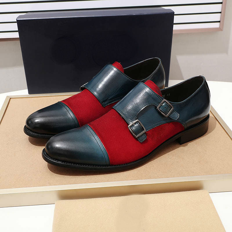Cap Toe Double Monk Strap Leather and Suede Combination Men Shoes - FanFreakz