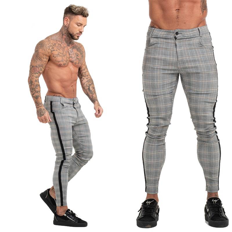 Skinny Plaid Comfy Stretch Slim Fit Style Hommes Pantalons 