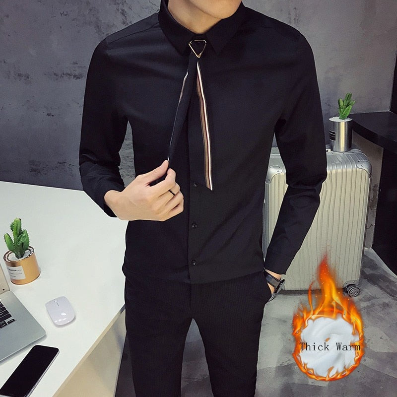 Casual Plain Solid with Scarf Tie Design Men Long Sleeves Shirt - FanFreakz