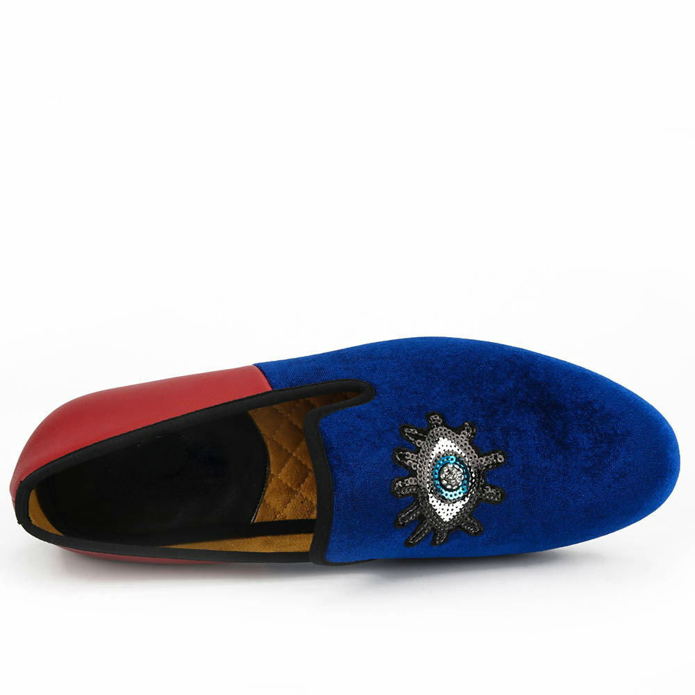 Blue Eyes Shape Sequin Detail Men Velvet Loafers Shoes - FanFreakz