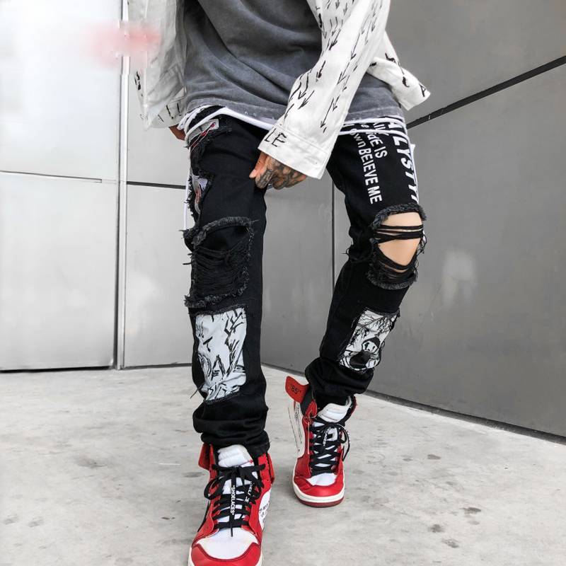 vandfald tackle tricky Black Destroyed Ripped with Graffiti Print Streetwear Men Jeans – FanFreakz