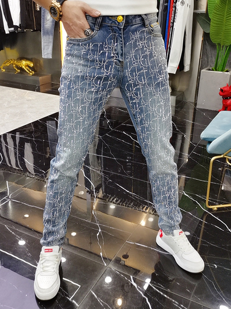 mens rhinestone jeans stretch denim cloth