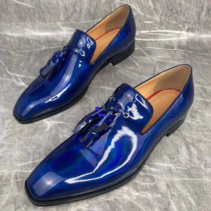 Blue Shiny with Tassels Leather Shoes