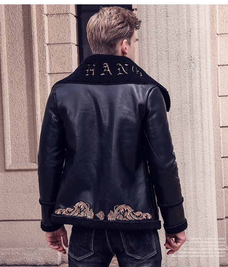 Black Broad Collar with Animal Pattern Embroidery Men Pu Leather Jacket - FanFreakz