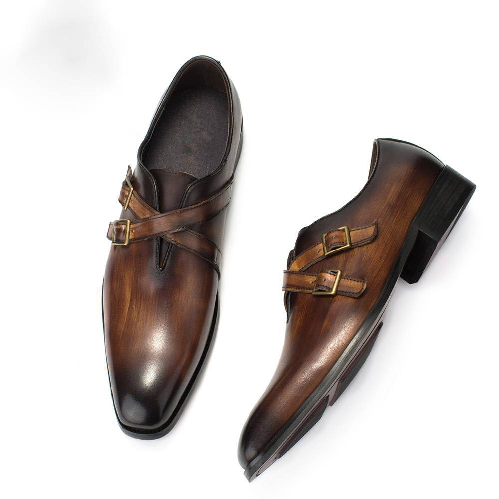 Double Crossed Straps Leather Pointed Toe Style Men Shoes