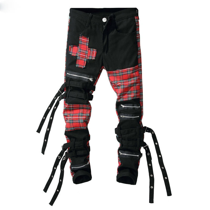 Multi Zippers and Scottish Plaid Merge Patchwork Men Slim Black Jeans