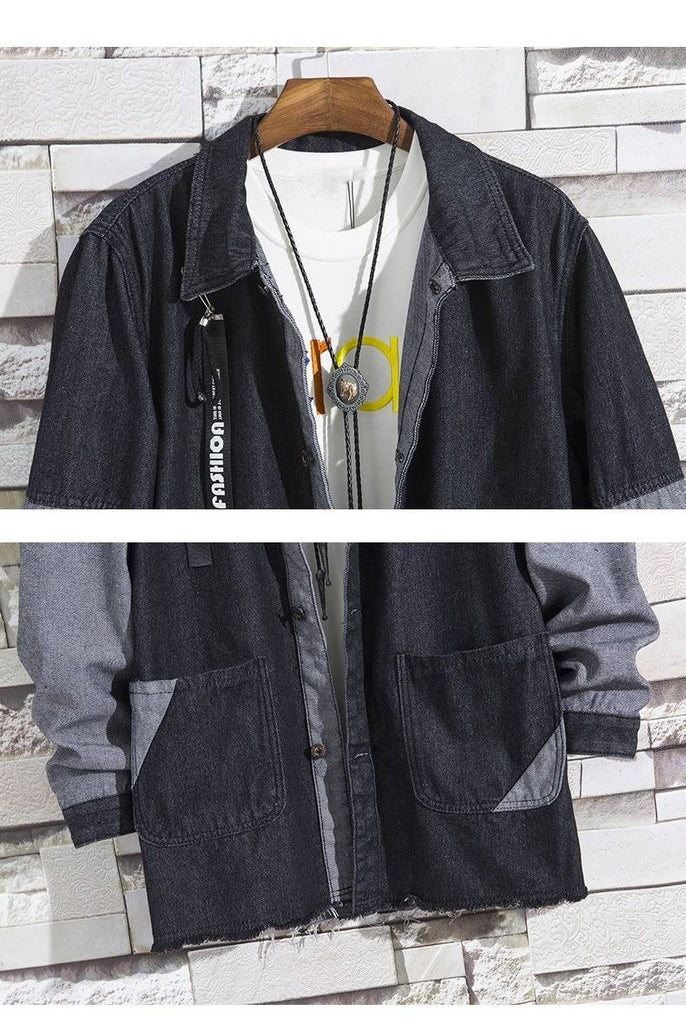 Casual Denim with Black Patchwork Men Loose Outer - FanFreakz