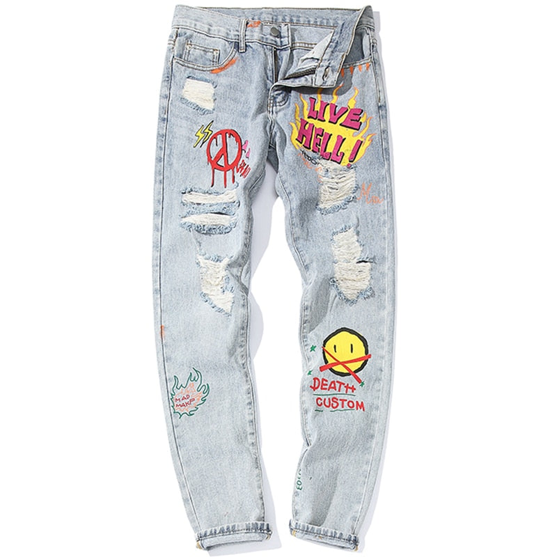 Punk Denim Jeans Pants Letter Printed Streetwear Hip Hop Denim