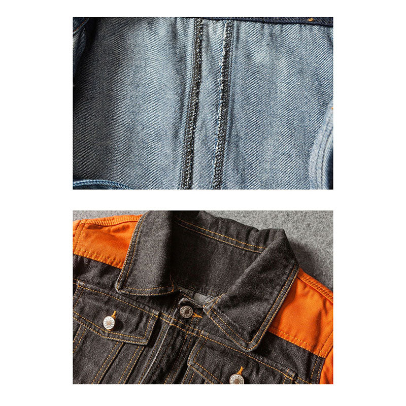 Harajuku Style Men Denim Jacket With Contrast Color Shoulder Patchwork Details - FanFreakz