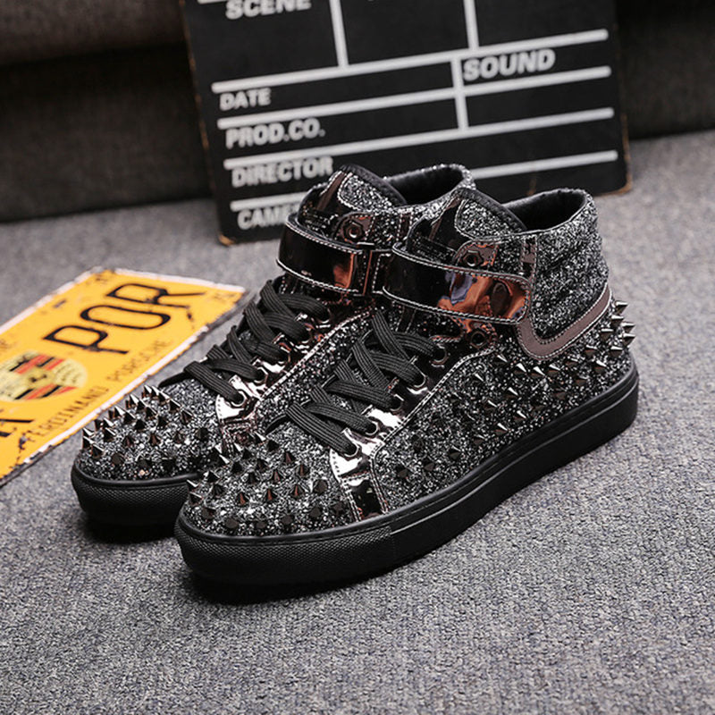 Men Studded Rivet Spike Lace Up High Tops Shoes Causal Flats