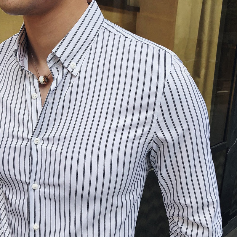 Basic Pinstripe Business Men Long Sleeves Shirt - FanFreakz