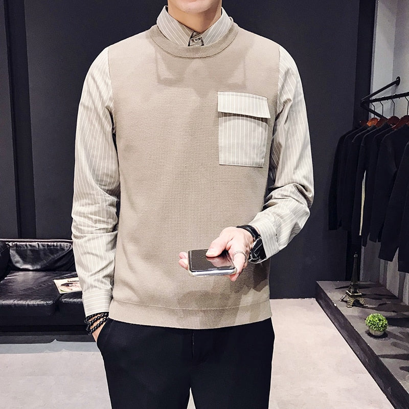 British Style Fake Two Pieces Casual Men Pullover Shirt