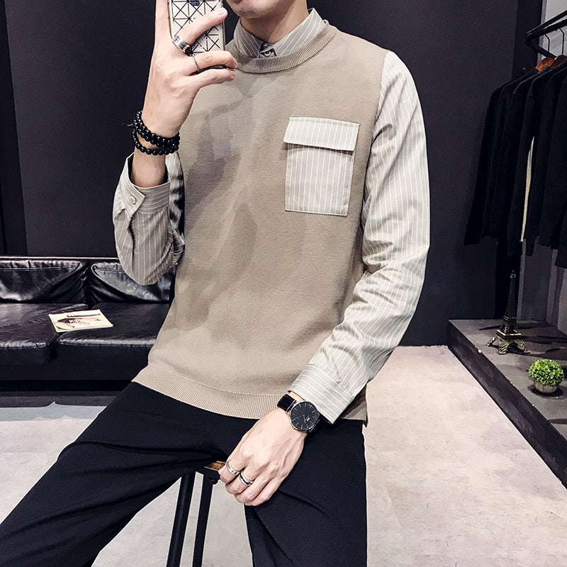 British Style Fake Two Pieces Casual Men Pullover Shirt