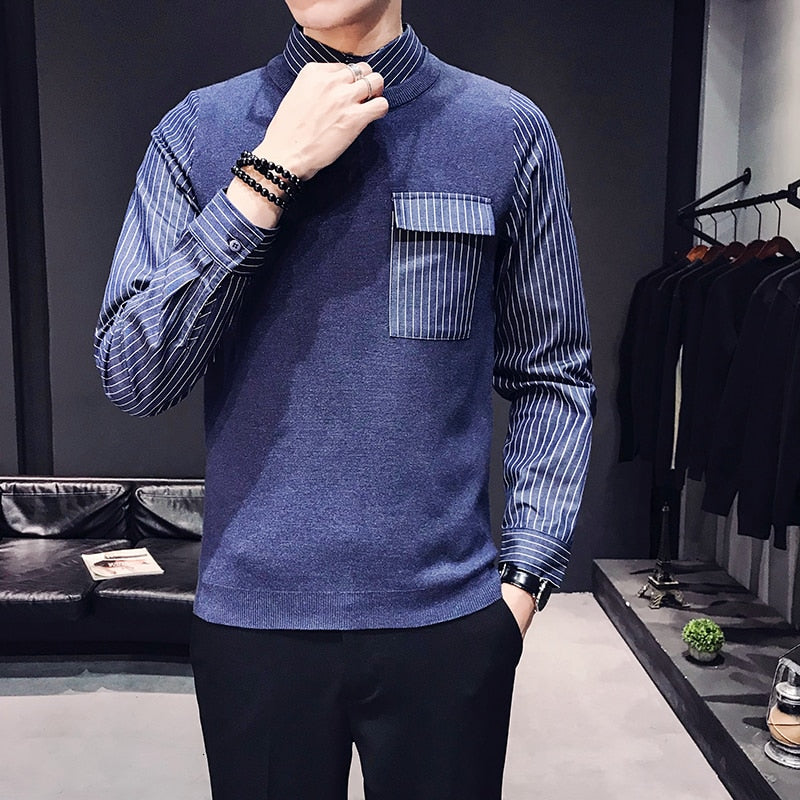 British Style Fake Two Pieces Casual Men Pullover Shirt