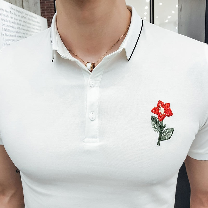 Basic Slim Fit with Tiny Flower Embroidery Men Polo Shirt - FanFreakz