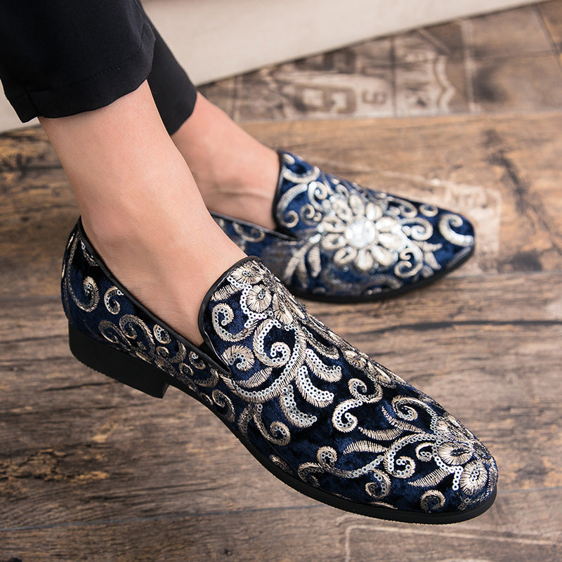 Floral Sequins Men Royal Style Loafers Shoes - FanFreakz