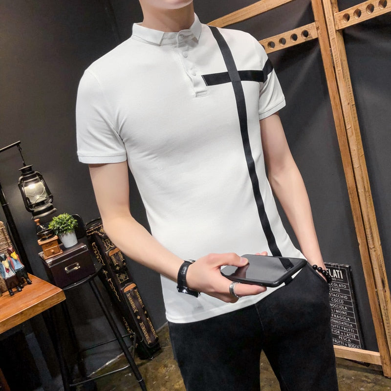 Solid with Simple Ribbon Patch Slim Fit Style Men Polo Shirt