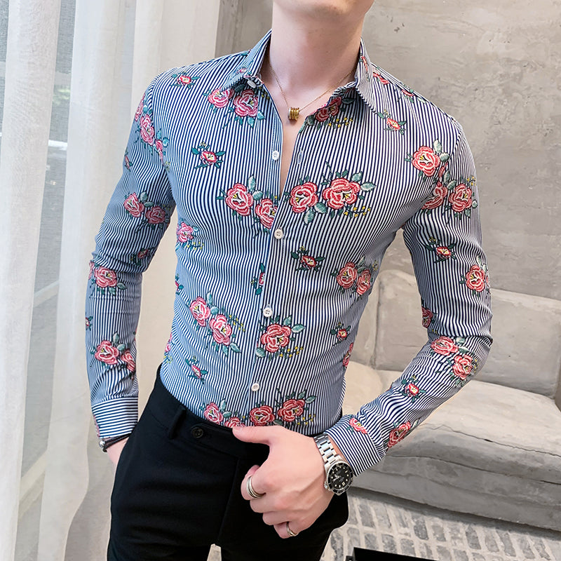 Striped Flower Print Slim Fit Long Sleeves Style Men Shirts – FanFreakz