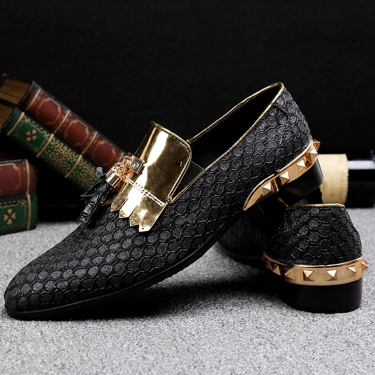 Slip On Tassel Pattern Leather Gold Rivet Men Loafers