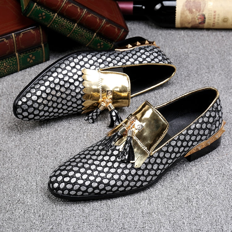 Slip On Tassel Pattern Leather Gold Rivet Men Loafers