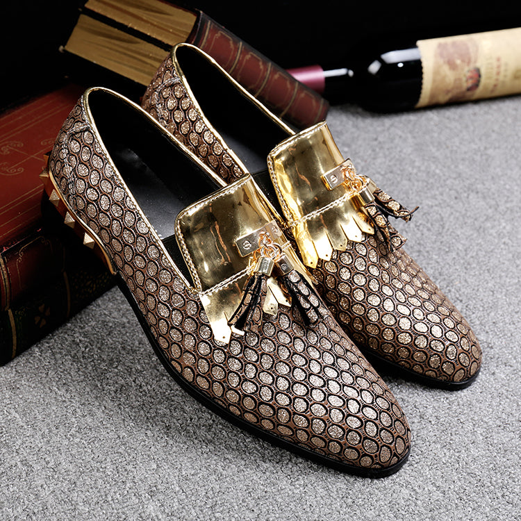 Slip On Tassel Pattern Leather Gold Rivet Men Loafers