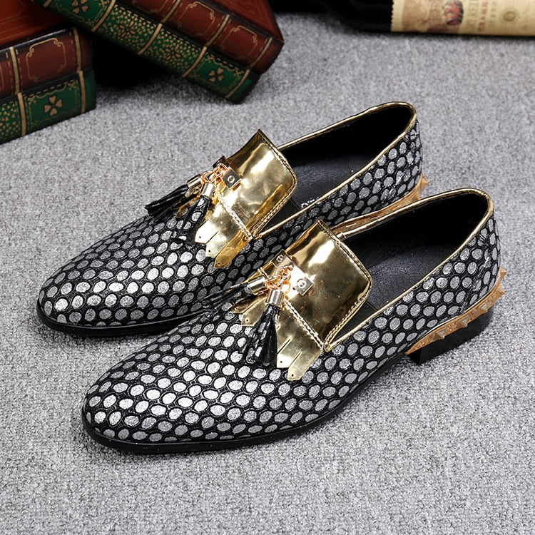 Slip On Tassel Pattern Leather Gold Rivet Men Loafers