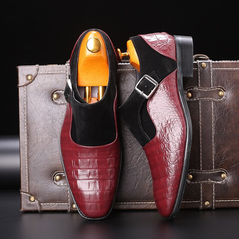 Men's Crocodile Pattern Buckle Strap PU Leather Dress Shoes