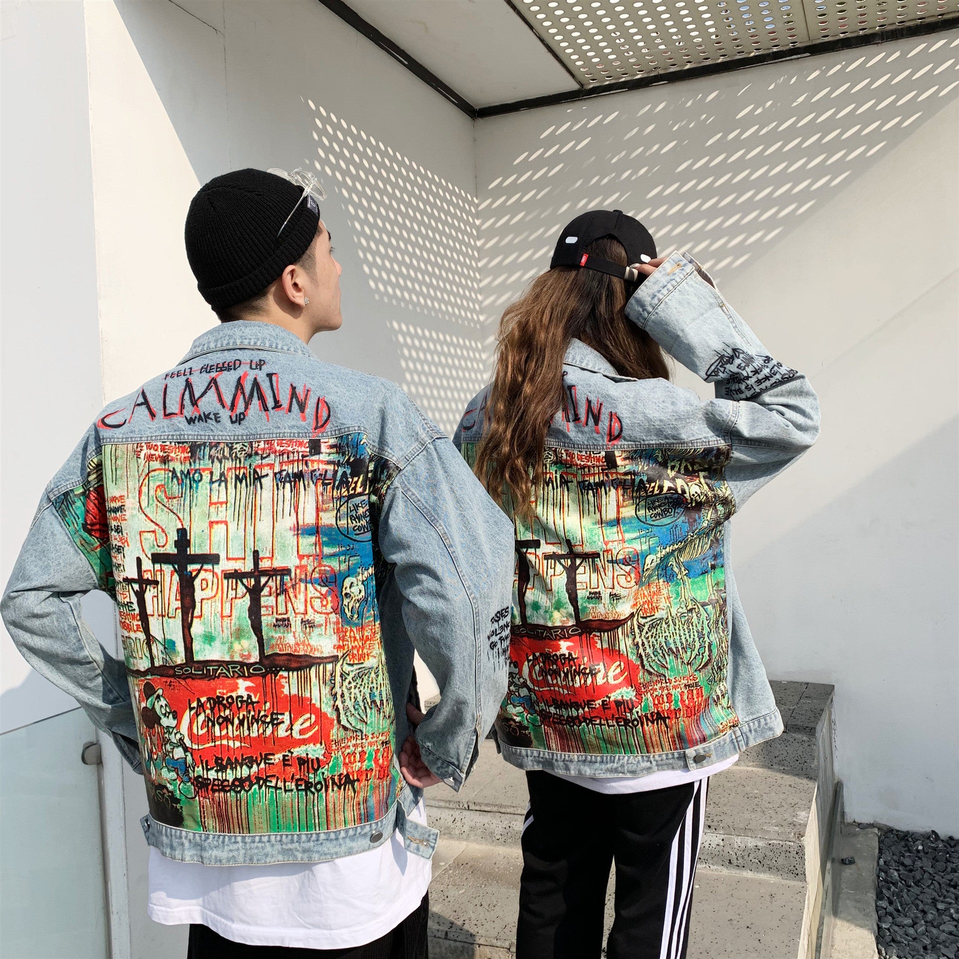 Lightning Graffiti Print Jean Jacket Men Hip Hop Streetwear Couple