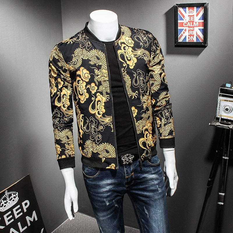 Black with Chinese Style Dragon Gold Print Men Bomber Jacket - FanFreakz