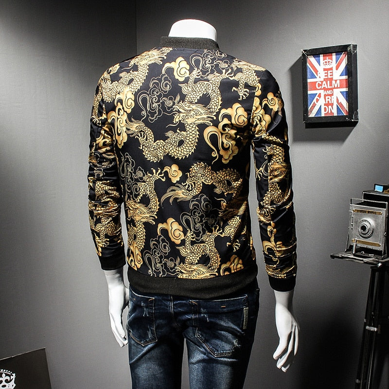 Black with Chinese Style Dragon Gold Print Men Bomber Jacket - FanFreakz
