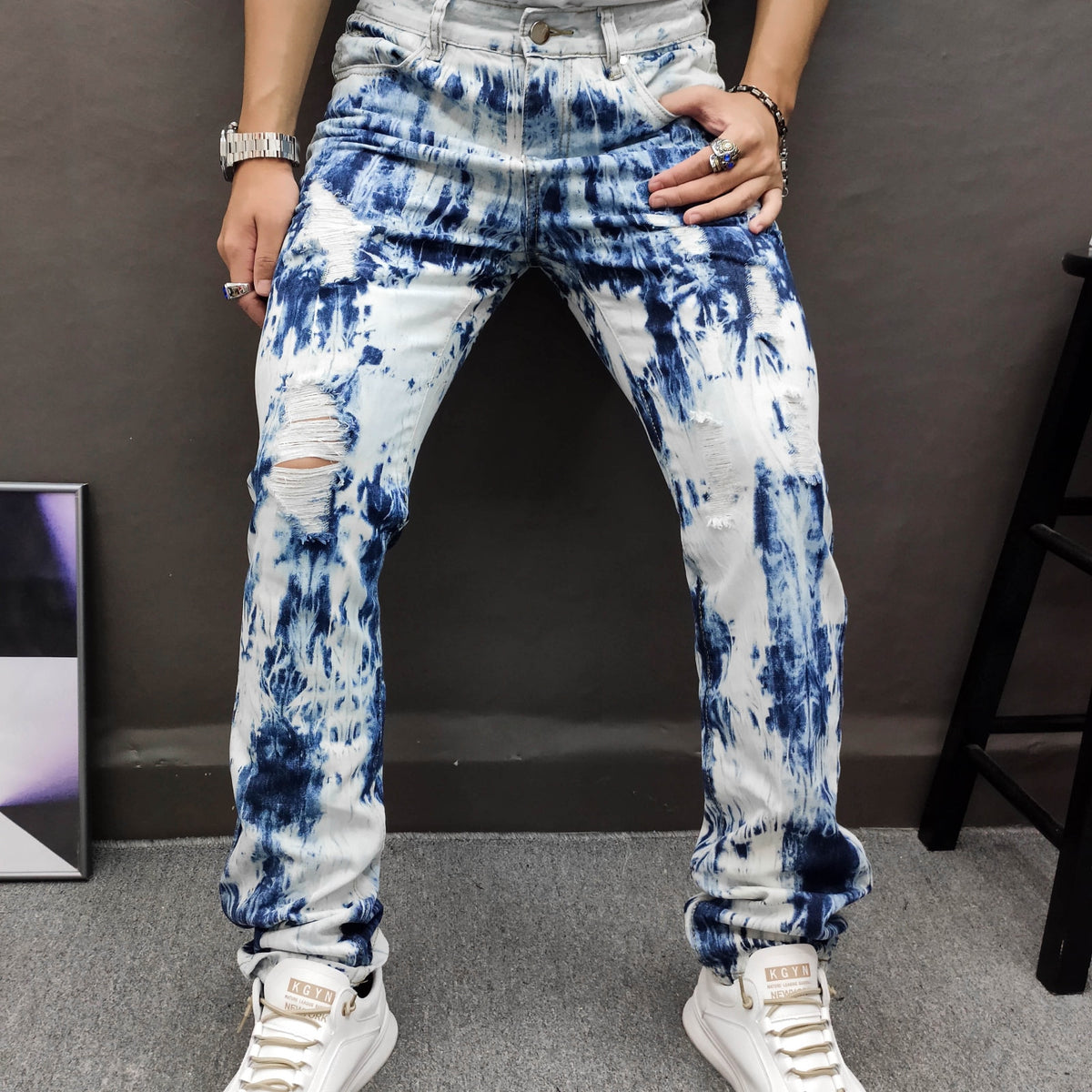 Street Style Blue Abstract Ripped Jeans – FanFreakz