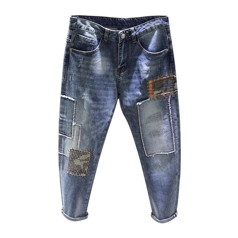 MERSARIP Men Jeans Frayed Patchwork Color Block Relaxed Fit Denim Pants -  Walmart.com