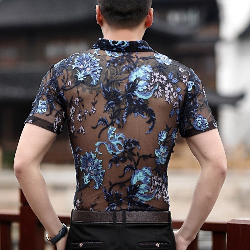 Embroidery Sexy Men Transparent Mesh Slim Fit Shirt - FanFreakz
