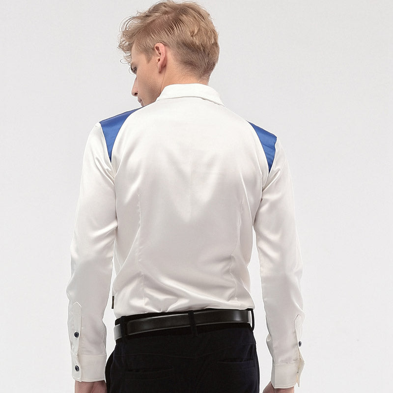 Blue Patchwork On Shoulder Men White Long Sleeve Slim Shirt - FanFreakz