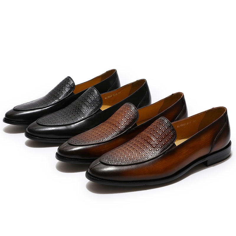 Brown Black Dress Embossed Lid Design Men Loafer Shoes - FanFreakz