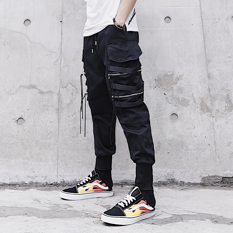 Black Multi Pocket Zipper Jogger Streetwear Men Pants - FanFreakz