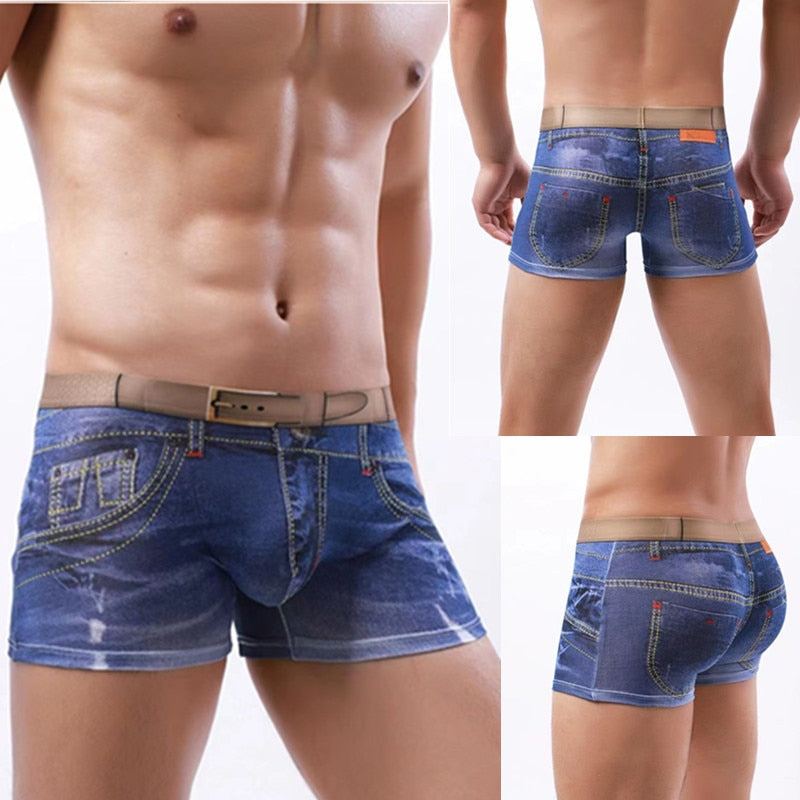 Fashion Brand Men Denim Underwear 3D Jeans Shorts Classic Print Mens Cowboy  @ Best Price Online