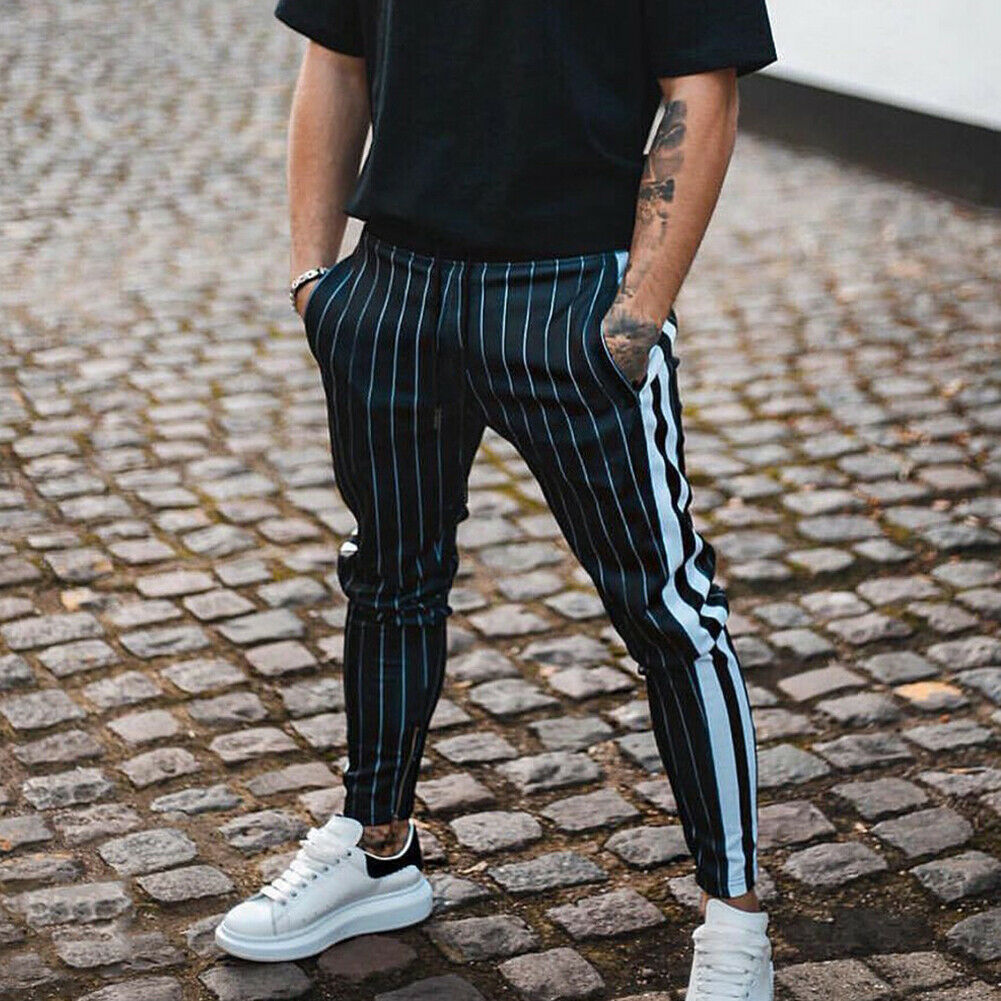 Men Striped Navy Blue Cargo Trousers -- Madmext