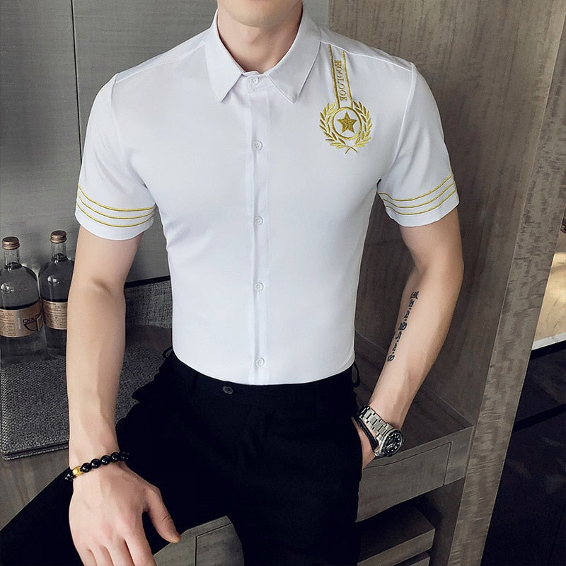  Men's Luxury Embroidery Design Dress Shirts Slim Fit